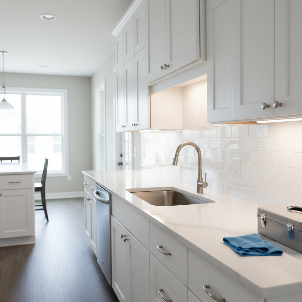 An immaculate kitchen showcasing multiple completed home services: gleaming white shaker cabinets with perfectly aligned doors, a spotless quartz countertop with subtle veining, and a stainless-steel sink with water beading on the surface, suggesting a recent deep clean. Under-cabinet LED lighting creates a bright, even wash across the backsplash, while soft natural daylight from a side window adds gentle highlights on polished fixtures and appliances. A neatly folded microfiber cloth and a closed toolbox rest unobtrusively at the counter’s edge, symbolizing cleaning and repair services without clutter. Photographic realism, shot at counter height with a shallow depth of field that keeps the main work area crisp while softly blurring the far end of the kitchen, conveying precision, care, and professionalism.
