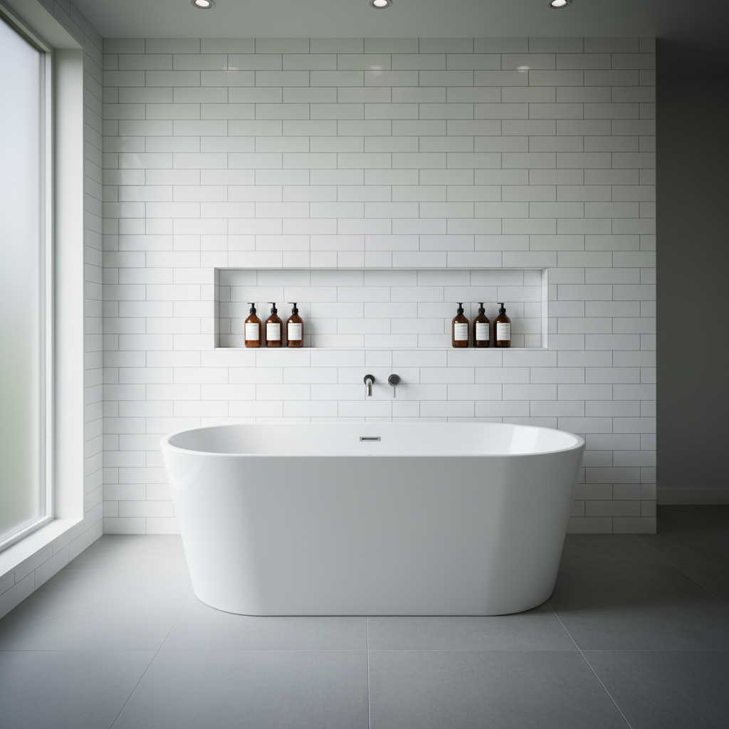 A carefully staged before-and-after style bathroom vignette suggesting remodeling services without split-screen effects. In the foreground, a pristine white freestanding bathtub with a smooth, glossy surface sits on newly installed large-format light-gray tiles with flawless grout lines. Behind, a perfectly aligned subway tile wall with a niche containing neatly arranged neutral-toned bottles, all spotlessly clean. Recessed ceiling lights provide bright, even illumination, while a narrow frosted window casts a soft vertical band of diffused daylight, adding depth. Photographic realism, captured from a slightly low angle to emphasize the upgraded fixtures, with a balanced composition and subtle vignetting at the edges to draw focus inward, conveying transformation, quality craftsmanship, and a calm spa-like atmosphere.