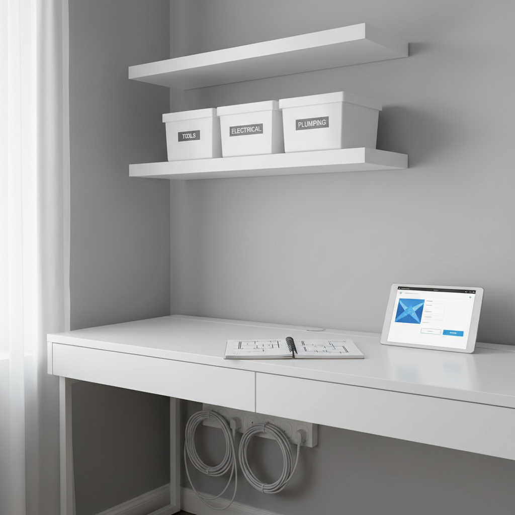 A bright, organized home office corner emphasizing reliability and professionalism in home services: a sturdy, matte-white desk with neatly coiled extension cords tucked beneath, a flawlessly painted dove-gray wall with no imperfections, and a perfectly mounted, level set of white shelves holding labeled tool storage bins. On the desk, an open notebook with a simple floor plan sketch and a tablet showing a clean service booking interface (no readable text, only abstract UI shapes). Soft midday light filters through sheer curtains out of frame, creating an even, shadow-free glow. Photographic realism, shot from a slightly elevated three-quarter angle, with a balanced, symmetrical composition and calm, efficient atmosphere.