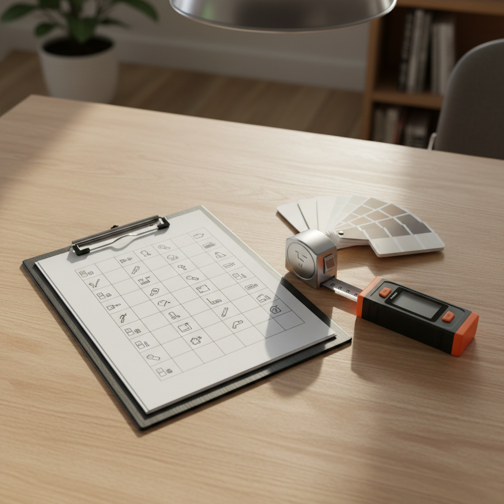 A detailed close-up of a home maintenance checklist scene laid out on a smooth, light oak dining table, representing comprehensive home services planning. A thick stack of crisp white paper with neatly printed checkboxes (no legible words, only lines and icons) is held in a black metal clipboard, beside a precisely aligned metal tape measure, a compact digital level, and a small color fan deck of paint swatches. Soft overhead pendant lighting casts gentle, focused illumination on the items, creating subtle, natural shadows and metallic reflections. The background softly blurs into the suggestion of a well-kept home interior. Photographic realism, overhead top-down composition with sharp focus on textures—paper fibers, brushed metal, and wood grain—evoking clarity, order, and trust.
